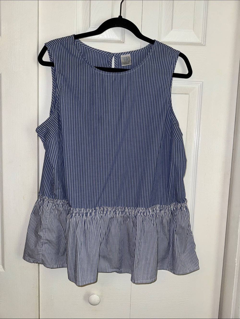 Time and Tru Navy and White Striped Sleeveless Peplum Top